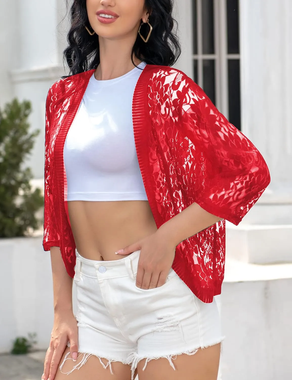 FindThy Women's Floral Lace Shrug Cardigan 3/4 Sleeve Crochet Bolero Jacket