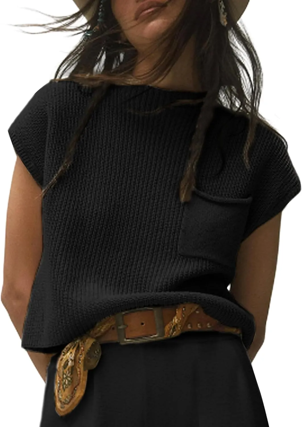 Fiona Jolin Women's Sleeveless Knit Sweater Vest Vintage Cap Sleeve Casual Mock Neck Tank Top with Front Pocket