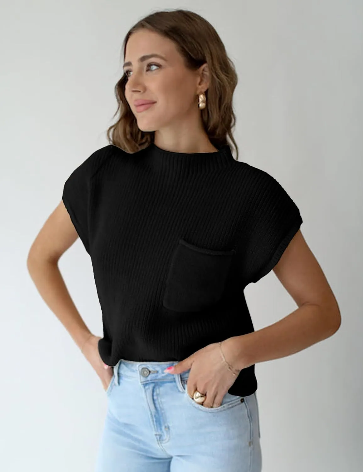 Fiona Jolin Women's Sleeveless Knit Sweater Vest Vintage Cap Sleeve Casual Mock Neck Tank Top with Front Pocket