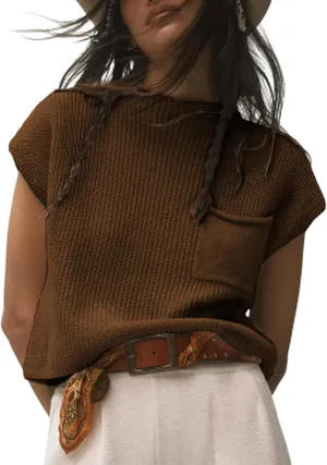 Fiona Jolin Women's Sleeveless Knit Sweater Vest Vintage Cap Sleeve Casual Mock Neck Tank Top with Front Pocket