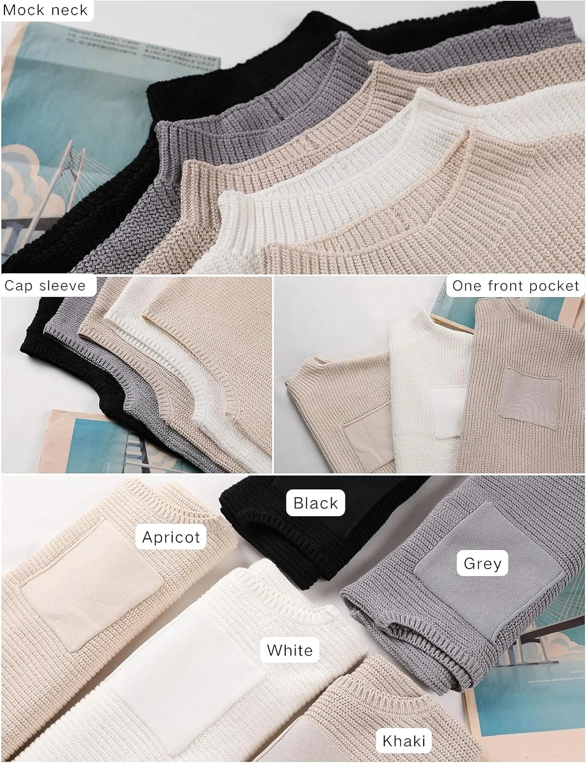 Fiona Jolin Women's Sleeveless Knit Sweater Vest Vintage Cap Sleeve Casual Mock Neck Tank Top with Front Pocket
