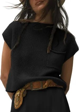 Fiona Jolin Women's Sleeveless Knit Sweater Vest Vintage Cap Sleeve Casual Mock Neck Tank Top with Front Pocket