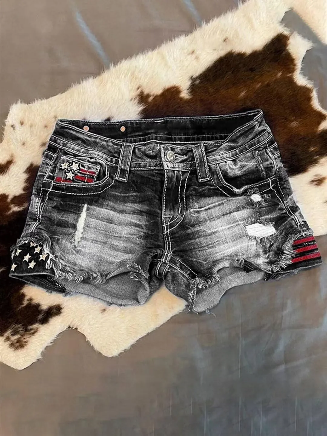 Flamingals Jean Shorts for Women Ripped Denim Mid Waist Distressed Raw Hem Skinny Stretchy Shorts