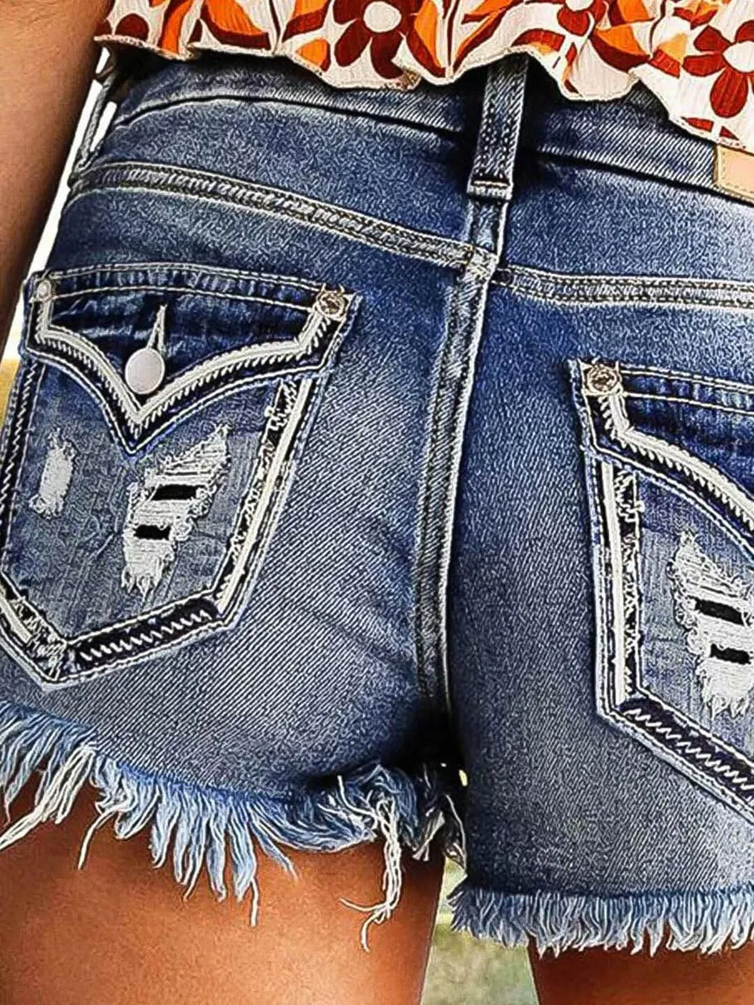 Flamingals Ripped Stretchy Jean Shorts for Women Raw Hem Mid Waist Casual Trendy Denim Shorts