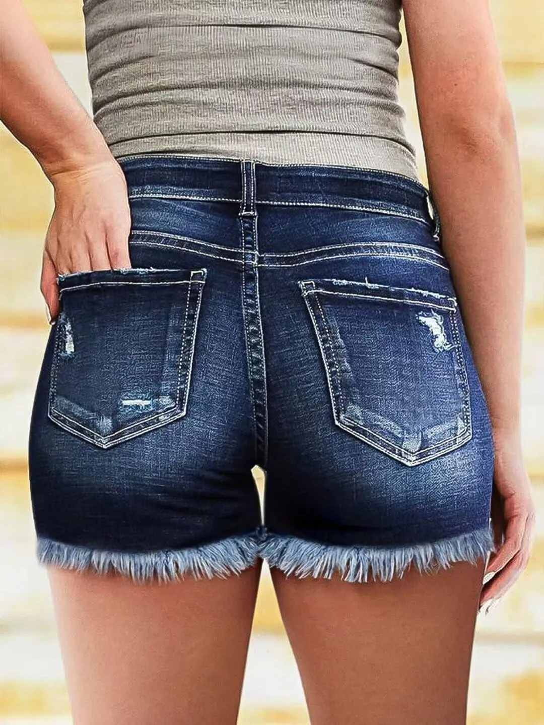 Flamingals Ripped Stretchy Jean Shorts for Women Raw Hem Mid Waist Casual Trendy Denim Shorts
