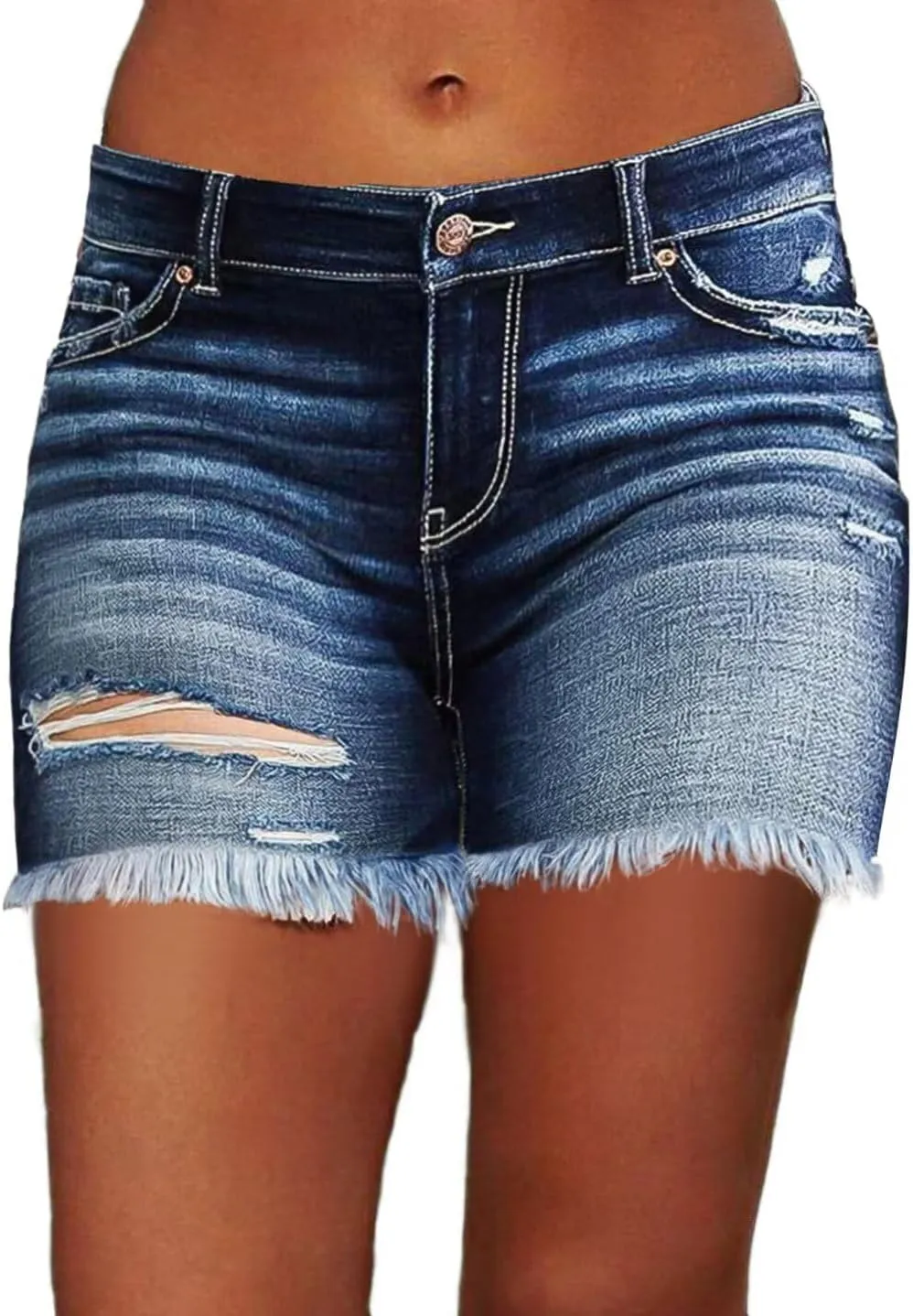 Flamingals Ripped Stretchy Jean Shorts for Women Raw Hem Mid Waist Casual Trendy Denim Shorts