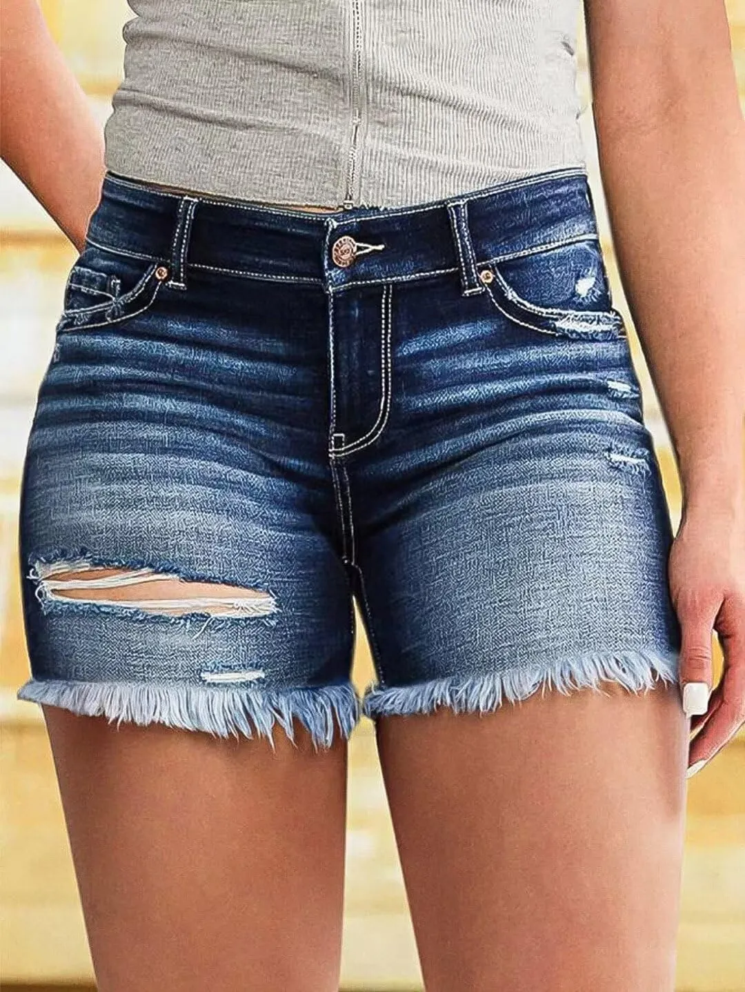 Flamingals Ripped Stretchy Jean Shorts for Women Raw Hem Mid Waist Casual Trendy Denim Shorts