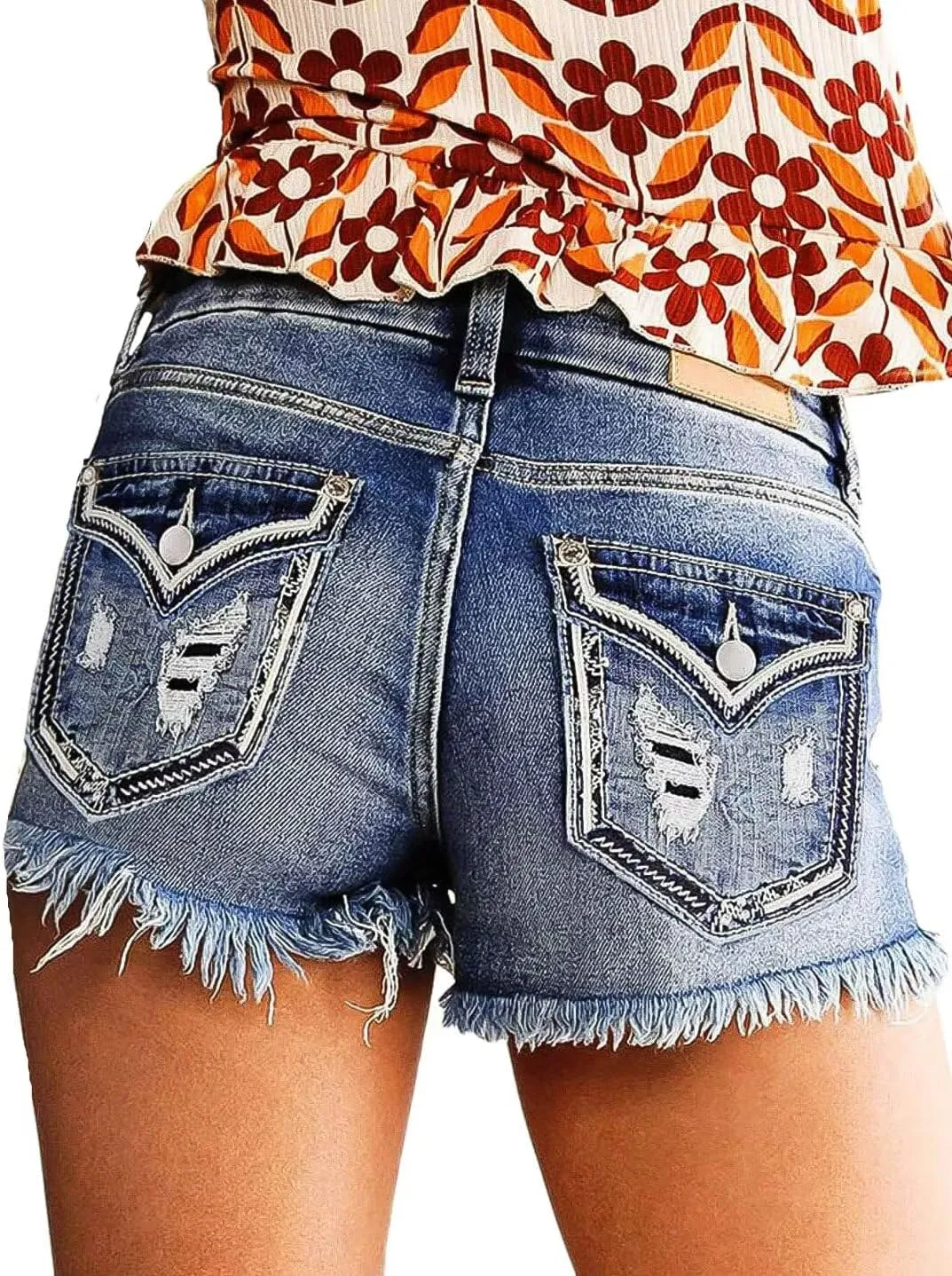 Flamingals Ripped Stretchy Jean Shorts for Women Raw Hem Mid Waist Casual Trendy Denim Shorts