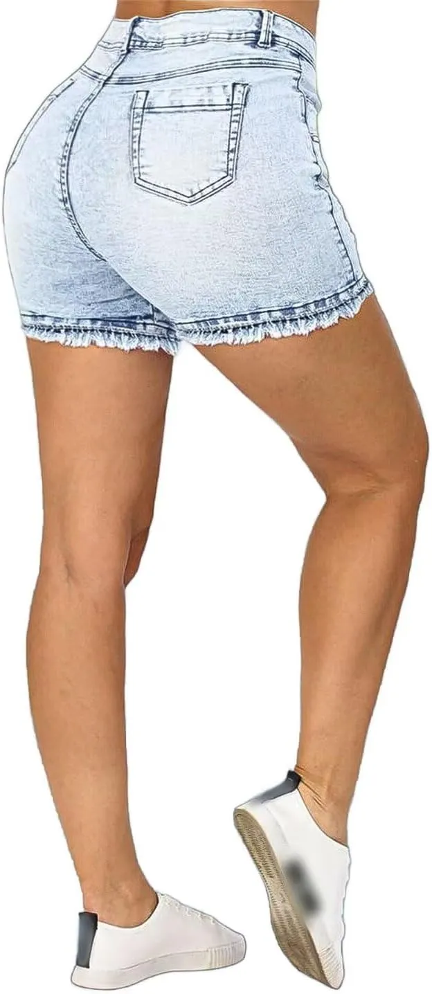 Flamingals Ripped Stretchy Jean Shorts for Women Raw Hem Mid Waist Casual Trendy Denim Shorts
