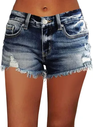 Flamingals Ripped Stretchy Jean Shorts for Women Raw Hem Mid Waist Casual Trendy Denim Shorts