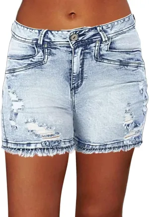 Flamingals Ripped Stretchy Jean Shorts for Women Raw Hem Mid Waist Casual Trendy Denim Shorts