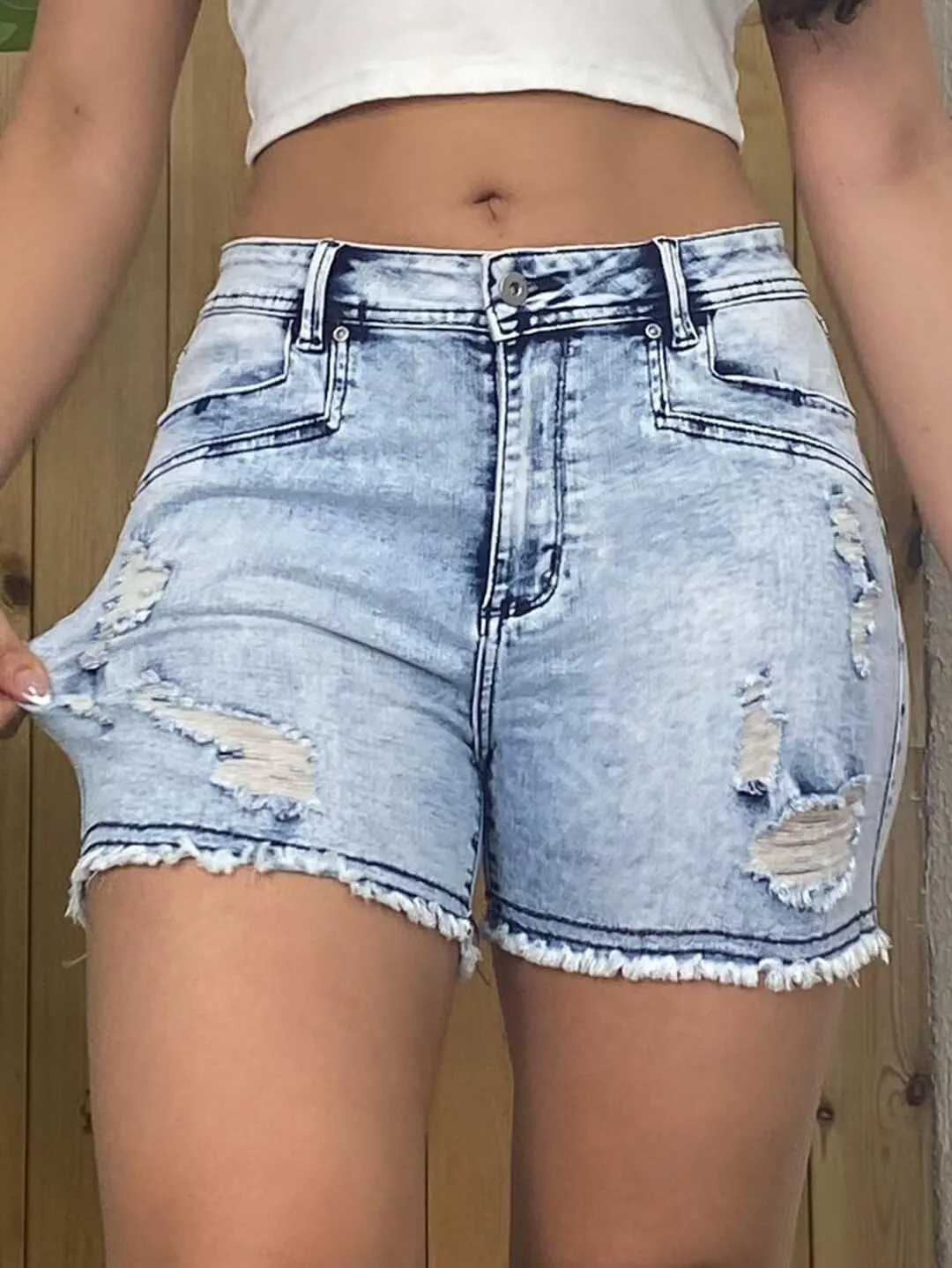 Flamingals Ripped Stretchy Jean Shorts for Women Raw Hem Mid Waist Casual Trendy Denim Shorts