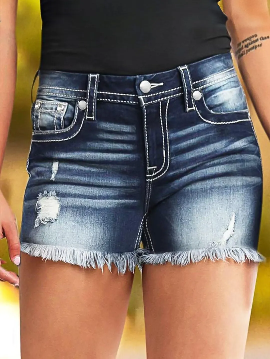 Flamingals Ripped Stretchy Jean Shorts for Women Raw Hem Mid Waist Casual Trendy Denim Shorts