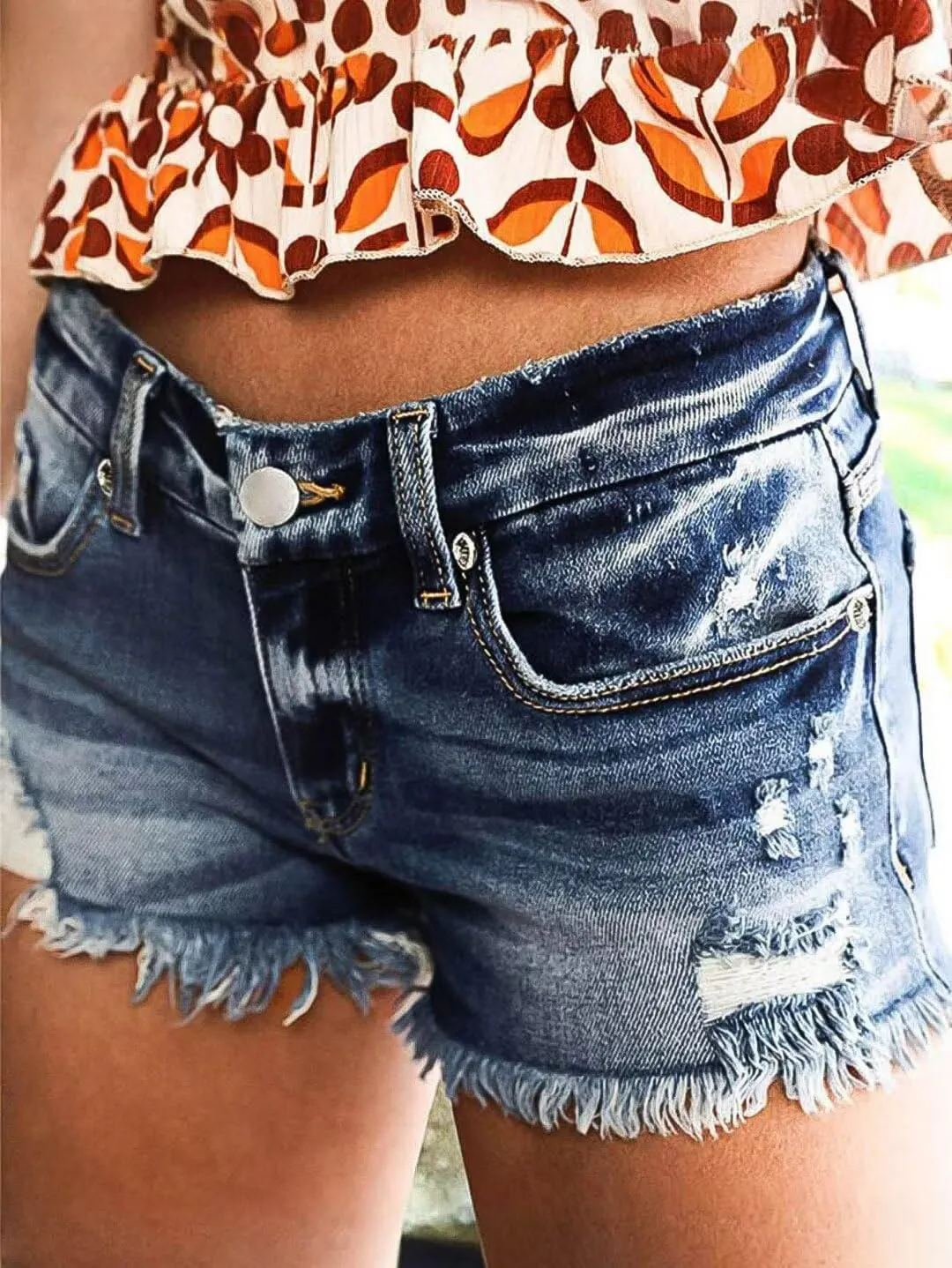 Flamingals Ripped Stretchy Jean Shorts for Women Raw Hem Mid Waist Casual Trendy Denim Shorts