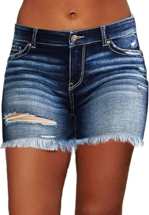 Flamingals Ripped Stretchy Jean Shorts for Women Raw Hem Mid Waist Casual Trendy Denim Shorts
