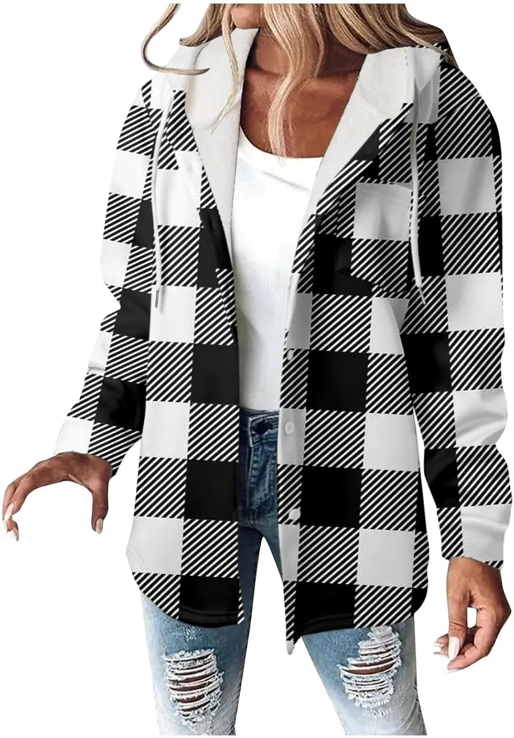 Fleece Hoodies For Women Warm Print Sweatshirt Button Lined Drawstring Hooded Jacket Coat