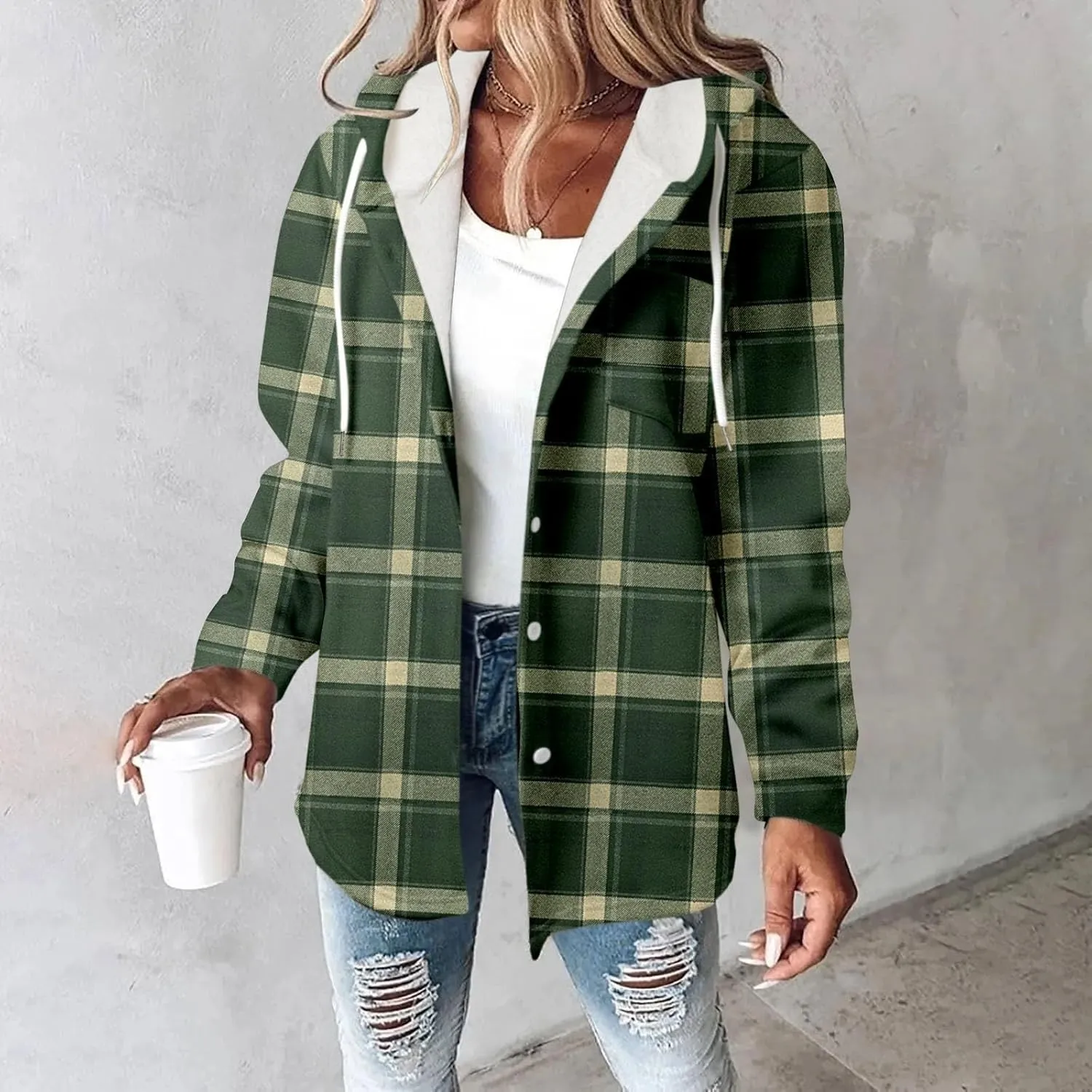 Fleece Hoodies For Women Warm Print Sweatshirt Button Lined Drawstring Hooded Jacket Coat