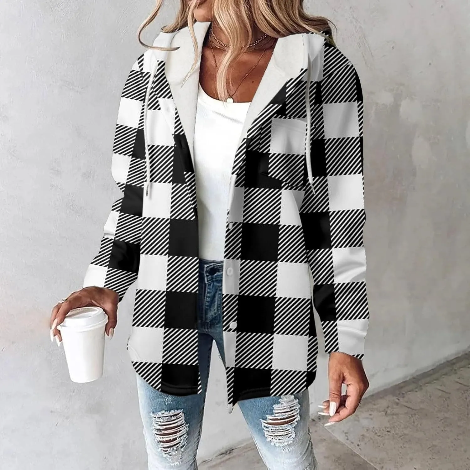 Fleece Hoodies For Women Warm Print Sweatshirt Button Lined Drawstring Hooded Jacket Coat