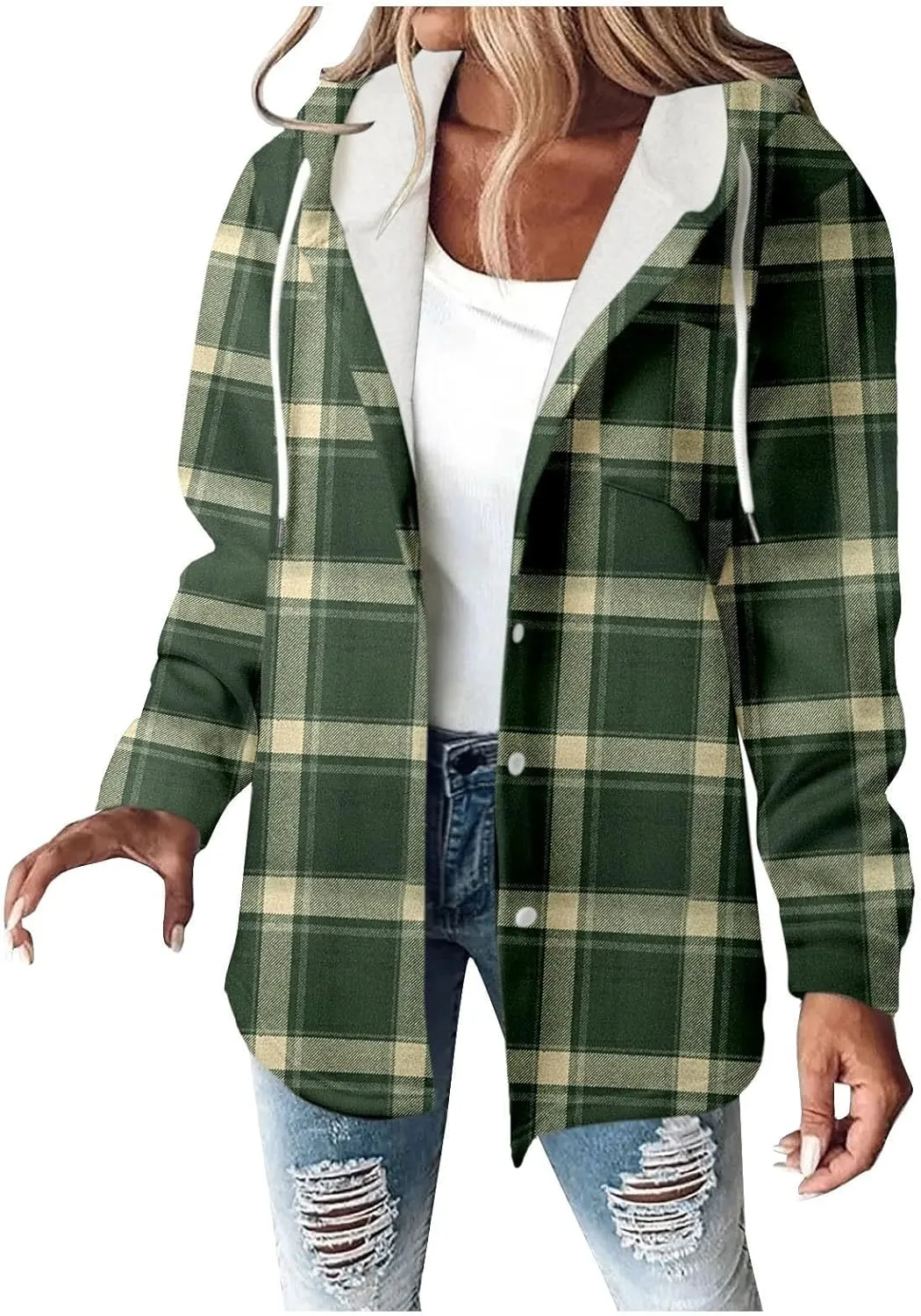 Fleece Hoodies For Women Warm Print Sweatshirt Button Lined Drawstring Hooded Jacket Coat
