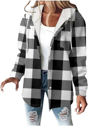 Fleece Hoodies For Women Warm Print Sweatshirt Button Lined Drawstring Hooded Jacket Coat