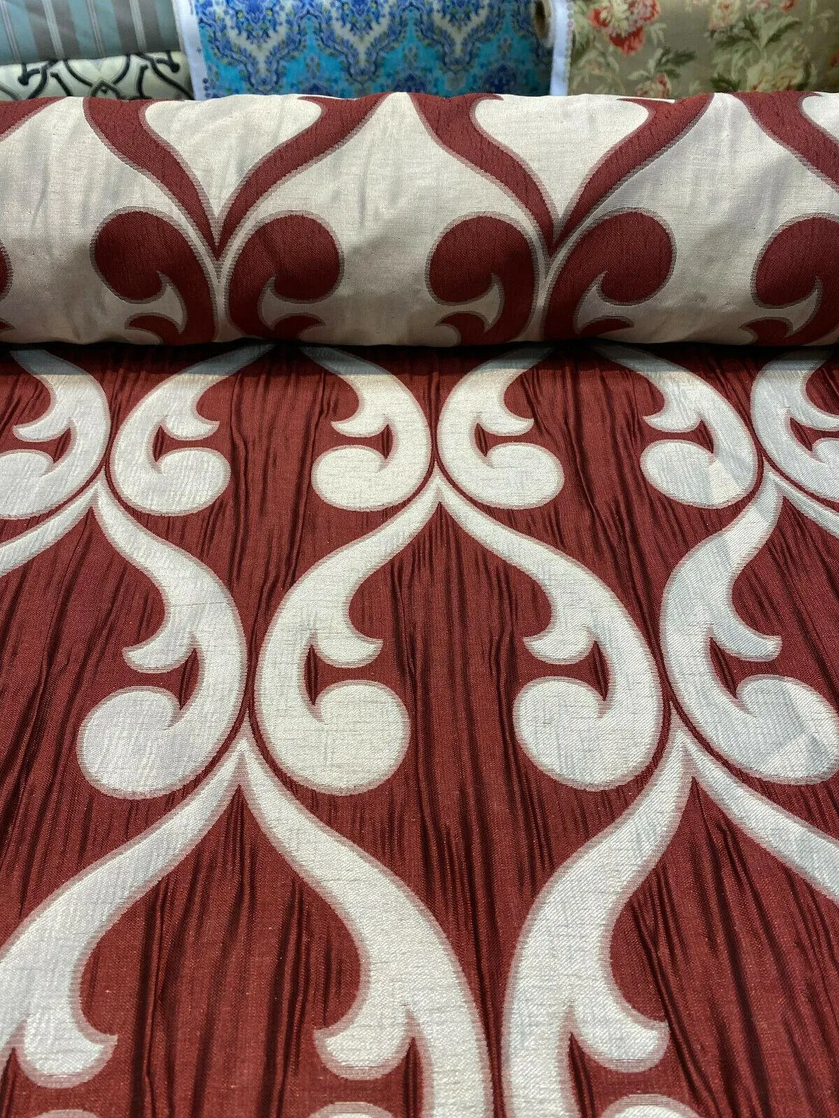 Fleur De Lis Ruby Red Jacquard Reversible Fabric By the Yard
