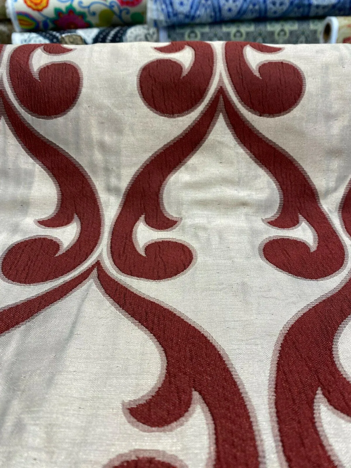 Fleur De Lis Ruby Red Jacquard Reversible Fabric By the Yard