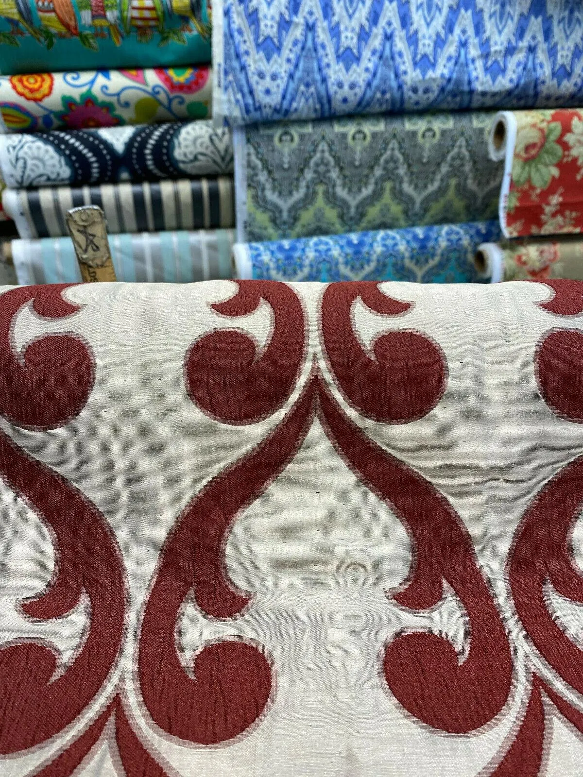 Fleur De Lis Ruby Red Jacquard Reversible Fabric By the Yard