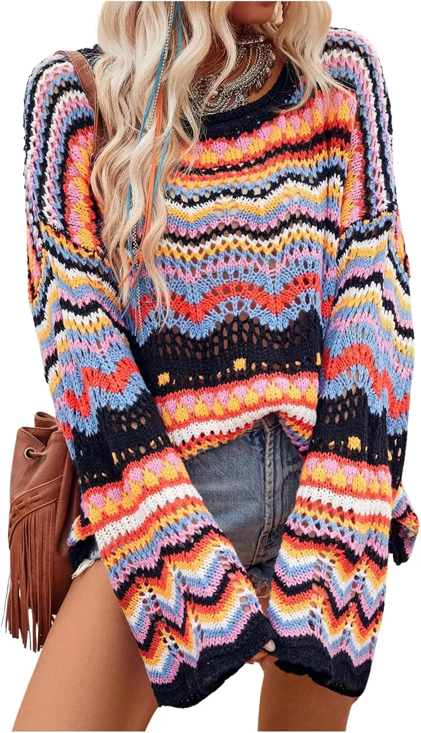 Floerns Women's Colorful Sweater Crochet Open Knit Long Sleeve Drop Shoulder Oversized Sweater