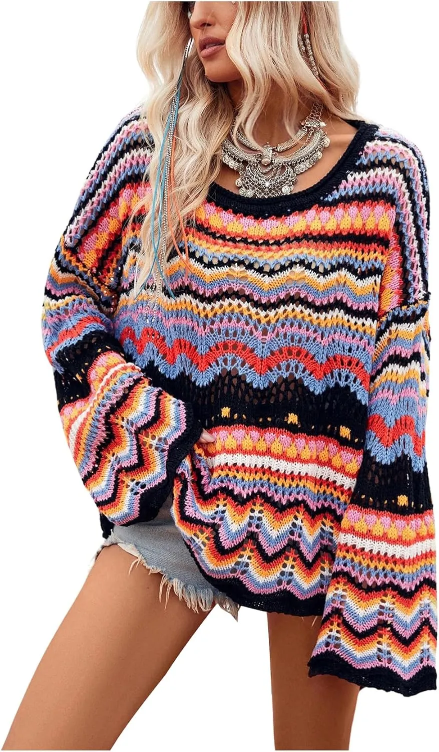 Floerns Women's Colorful Sweater Crochet Open Knit Long Sleeve Drop Shoulder Oversized Sweater