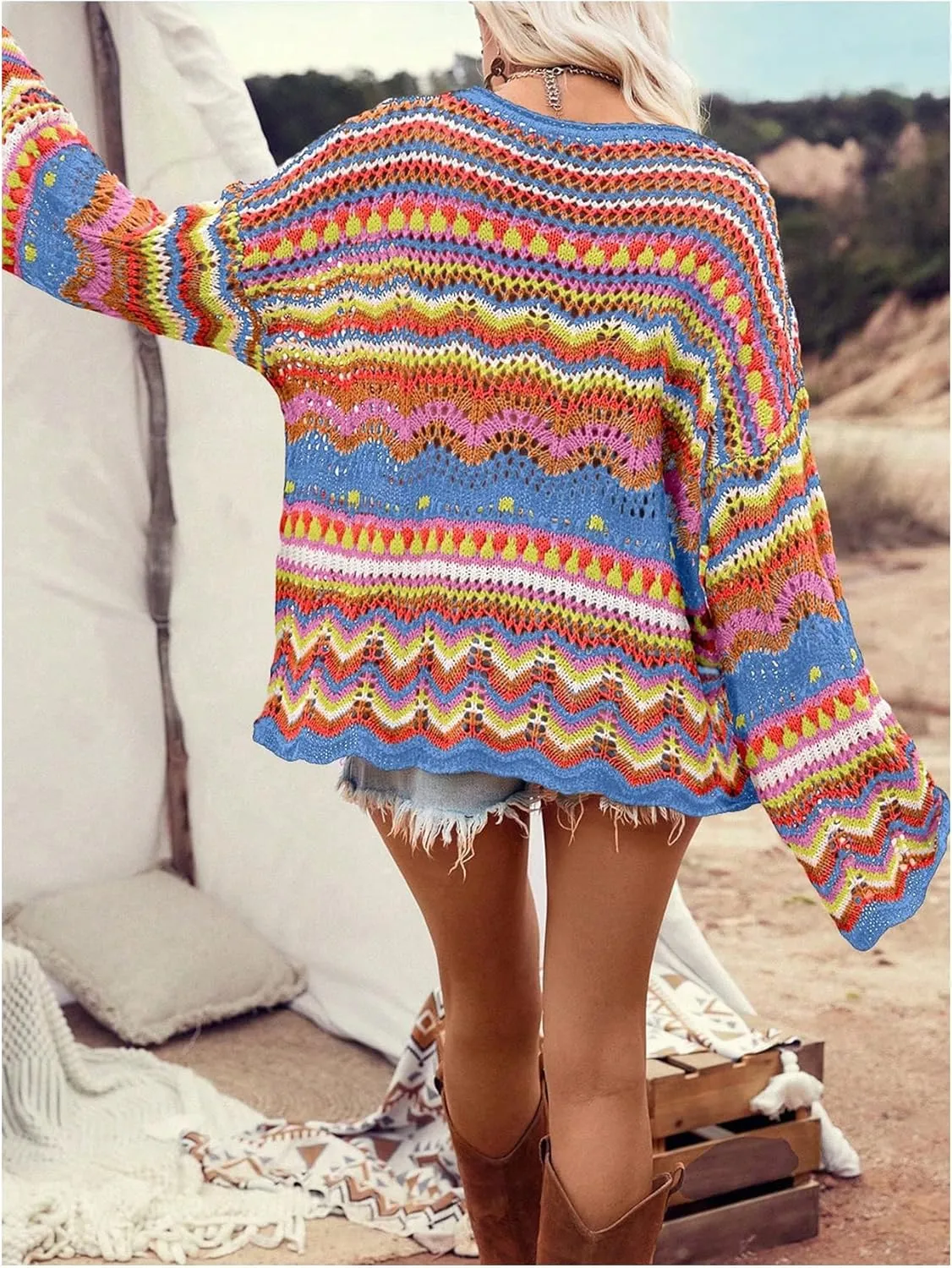 Floerns Women's Colorful Sweater Crochet Open Knit Long Sleeve Drop Shoulder Oversized Sweater