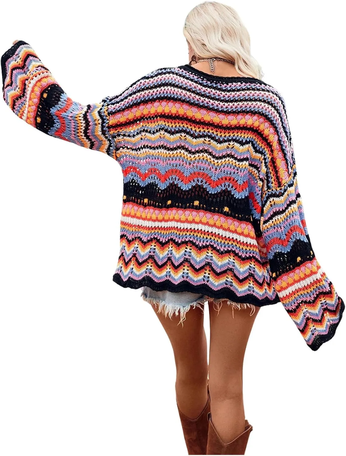 Floerns Women's Colorful Sweater Crochet Open Knit Long Sleeve Drop Shoulder Oversized Sweater