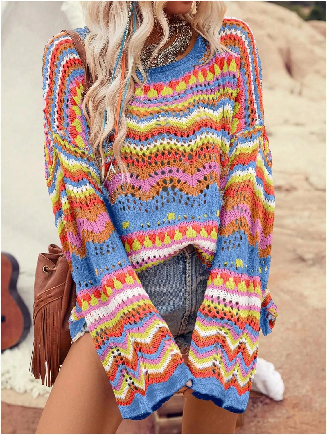 Floerns Women's Colorful Sweater Crochet Open Knit Long Sleeve Drop Shoulder Oversized Sweater
