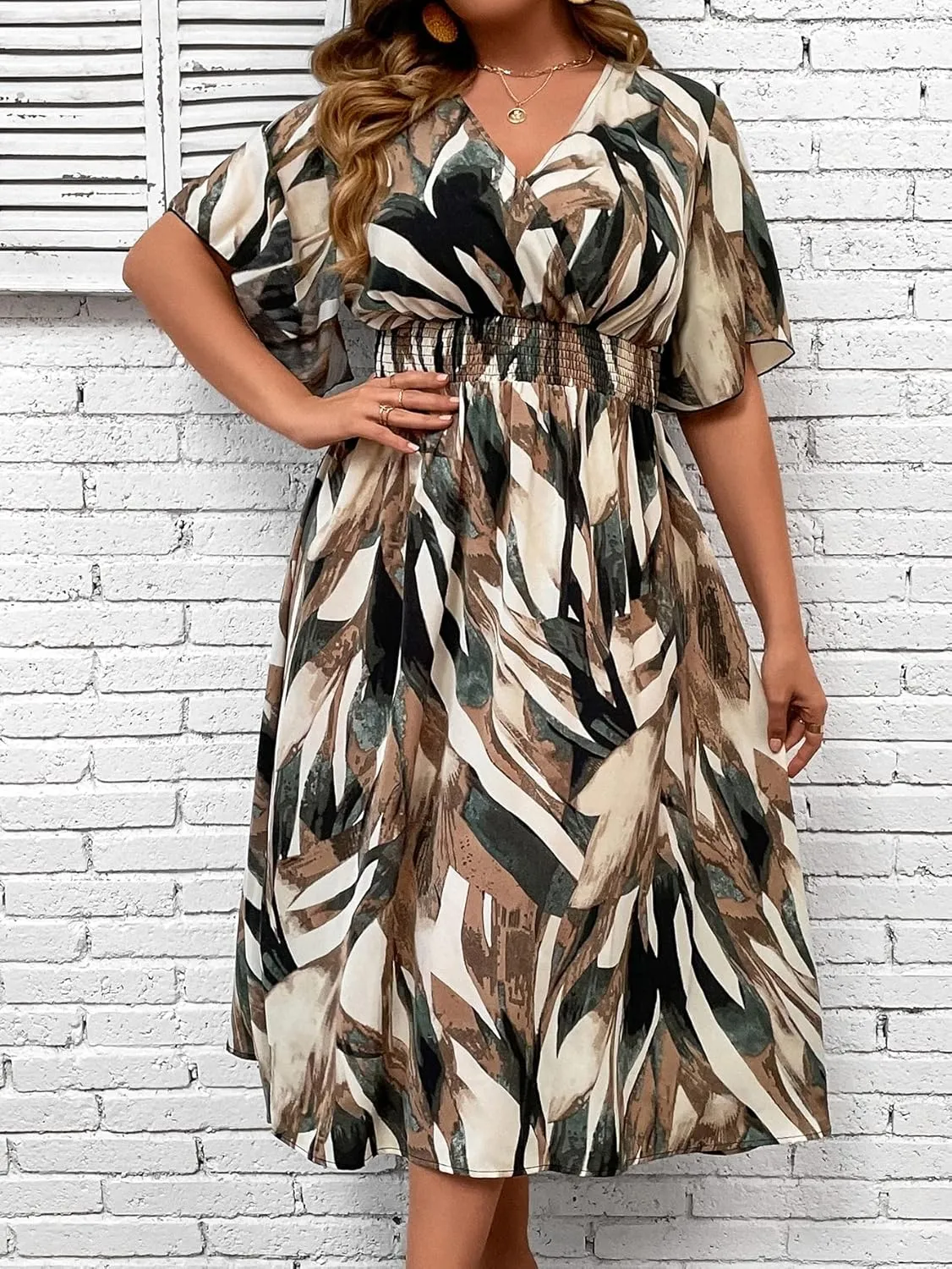 Floerns Women's Plus Size Boho Floral V Neck Short Sleeve A Line Long Dress