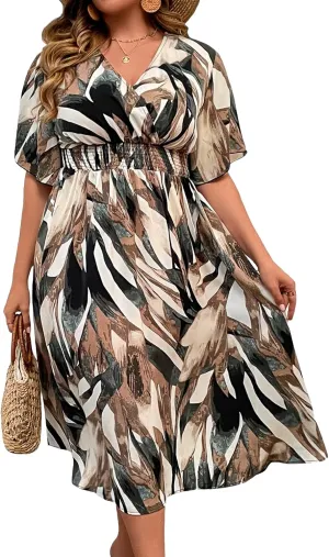 Floerns Women's Plus Size Boho Floral V Neck Short Sleeve A Line Long Dress