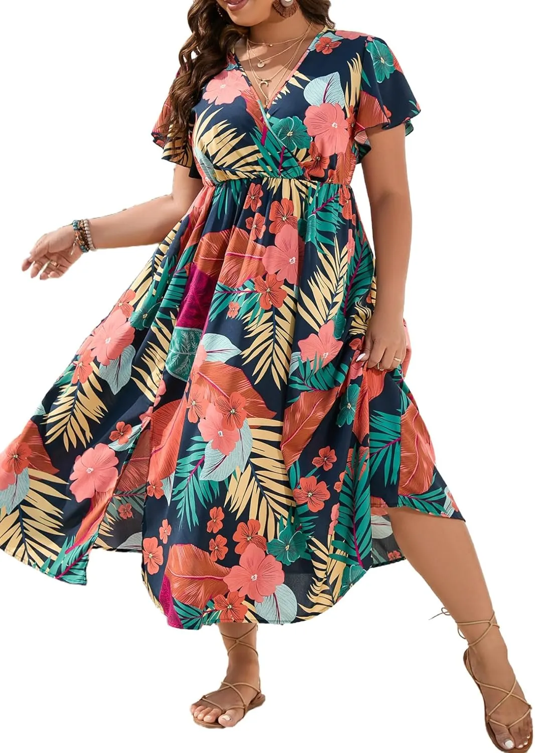 Floerns Women's Plus Size Boho Floral V Neck Short Sleeve A Line Long Dress