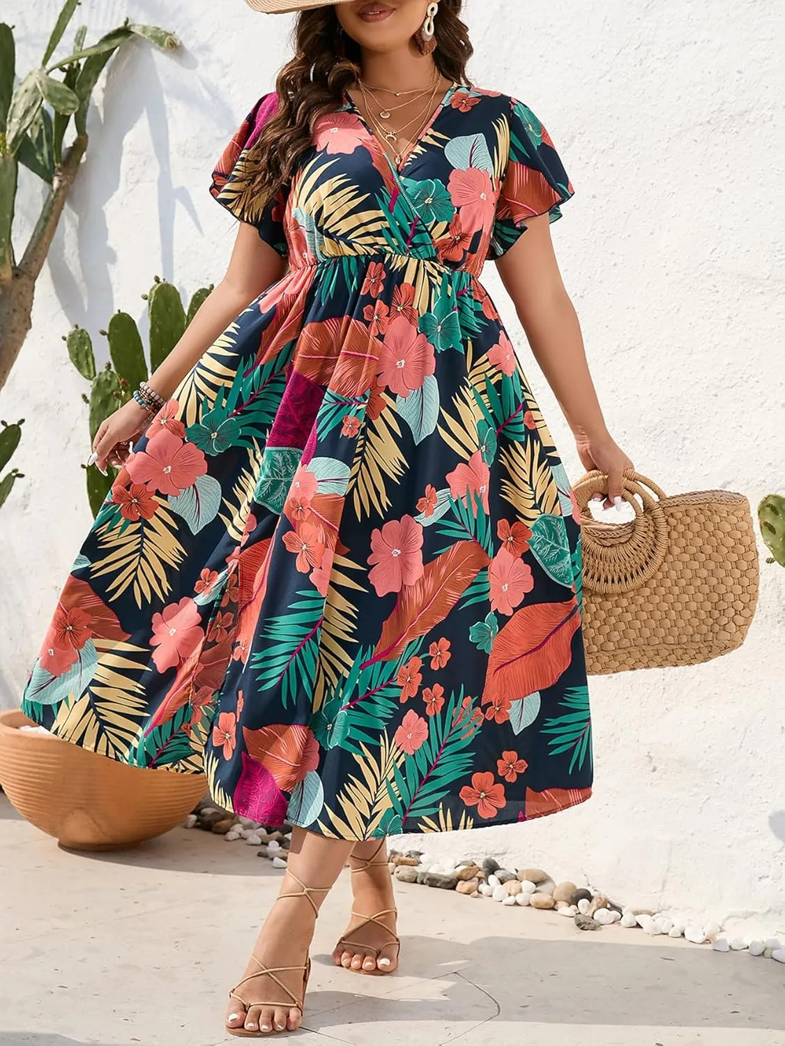 Floerns Women's Plus Size Boho Floral V Neck Short Sleeve A Line Long Dress