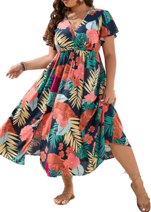 Floerns Women's Plus Size Boho Floral V Neck Short Sleeve A Line Long Dress
