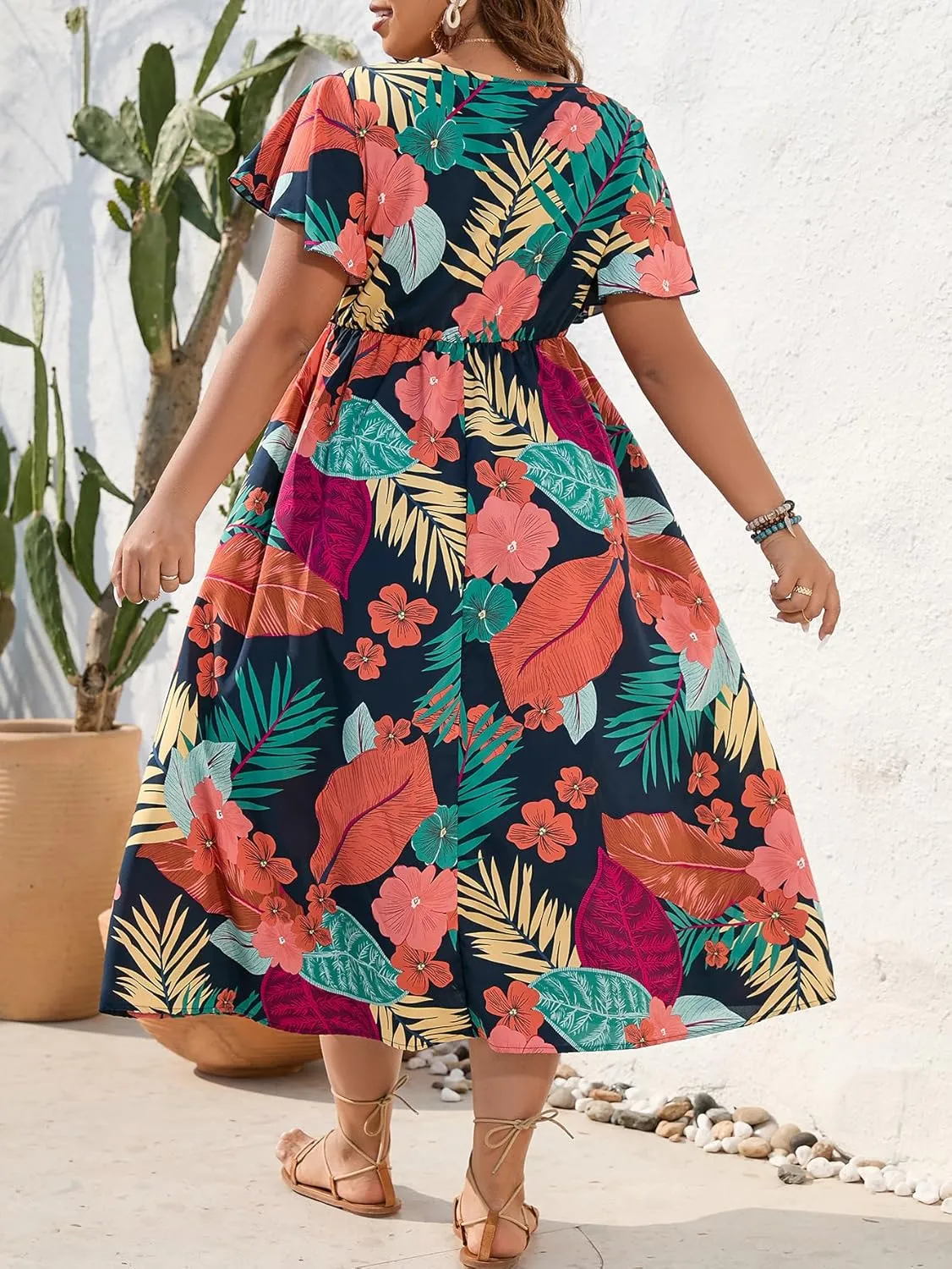 Floerns Women's Plus Size Boho Floral V Neck Short Sleeve A Line Long Dress