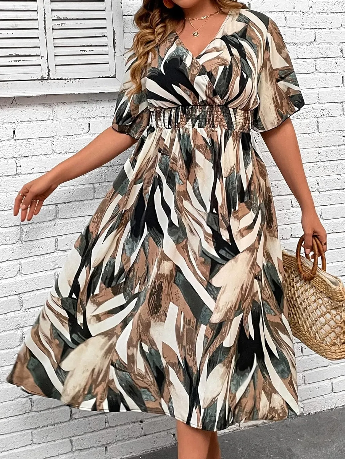 Floerns Women's Plus Size Boho Floral V Neck Short Sleeve A Line Long Dress