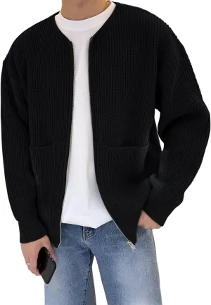 Flygo Mens Cardigan Sweater Zip Up Crewneck Knit Long Sleeve Open Front Casual Sweaters Outwear with Pockets