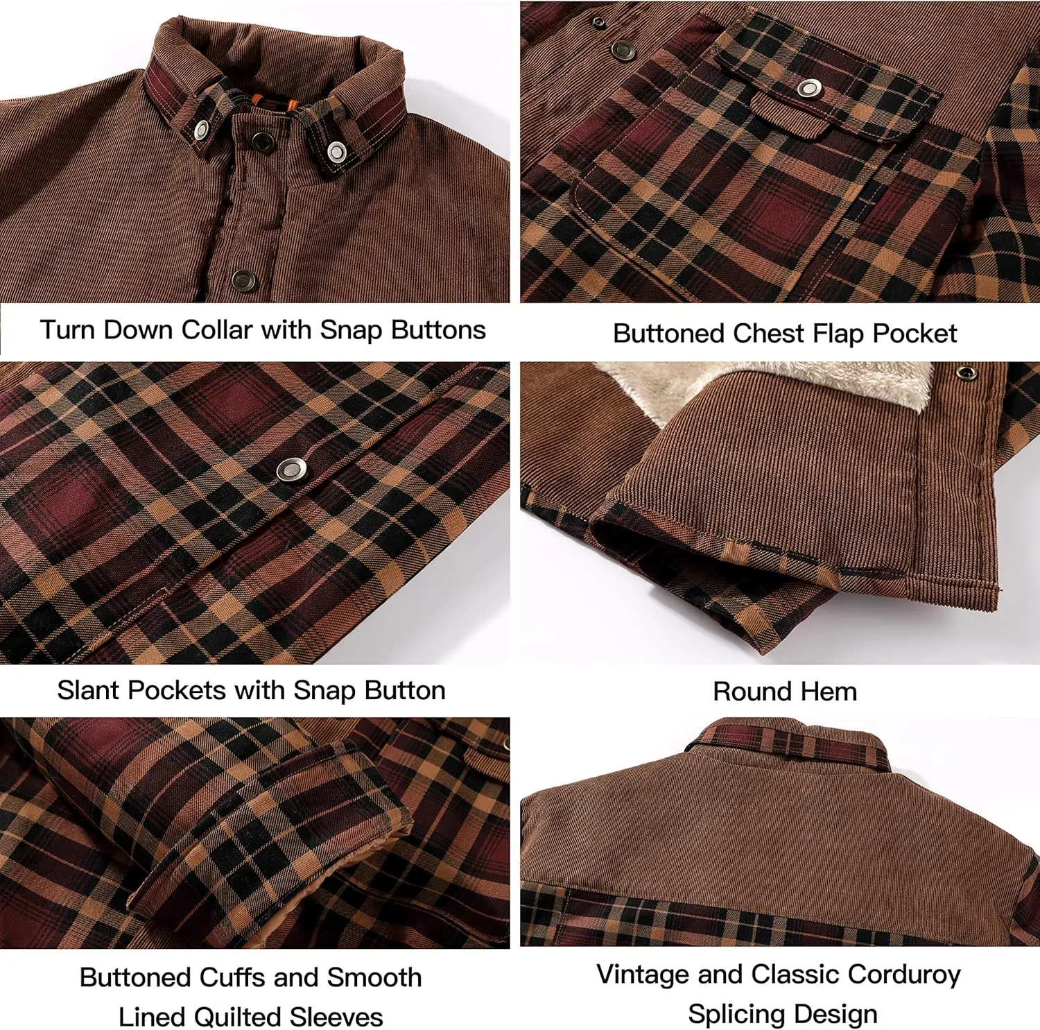 Flygo Men's Flannel Jacket Loose Plaid Sherpa Lined Flannel Shirt Snap Button Warm Winter Jackets Pockets