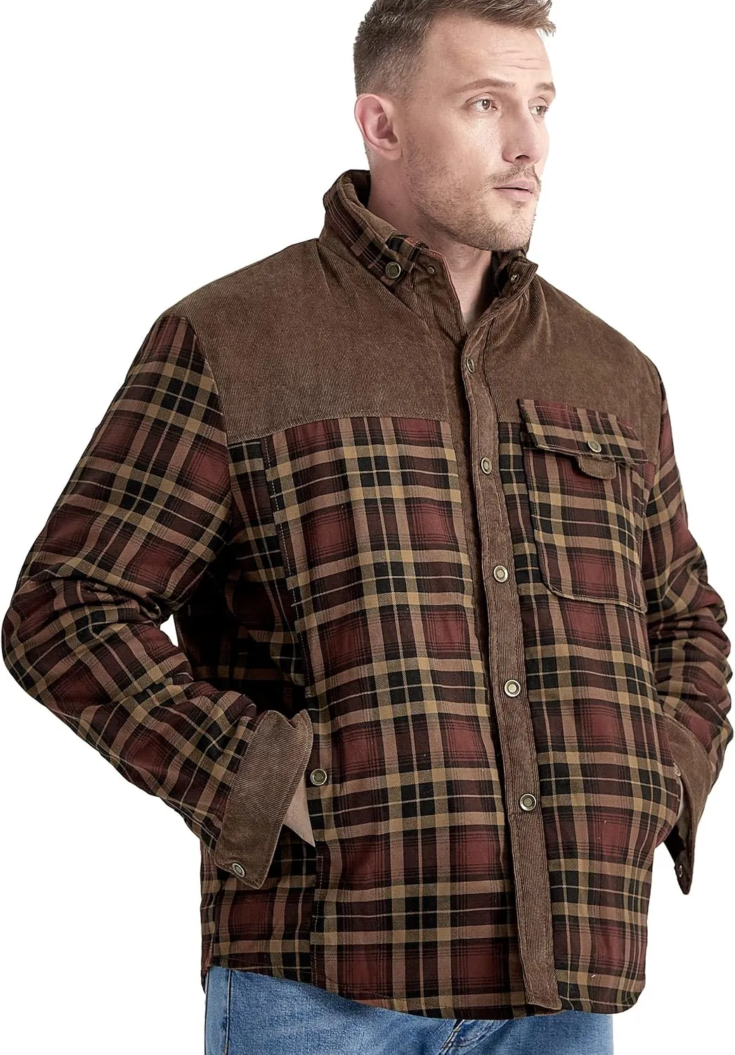 Flygo Men's Flannel Jacket Loose Plaid Sherpa Lined Flannel Shirt Snap Button Warm Winter Jackets Pockets