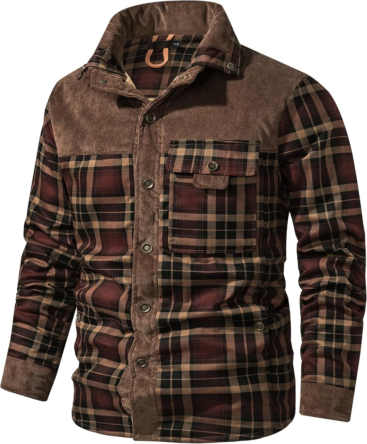 Flygo Men's Flannel Jacket Loose Plaid Sherpa Lined Flannel Shirt Snap Button Warm Winter Jackets Pockets