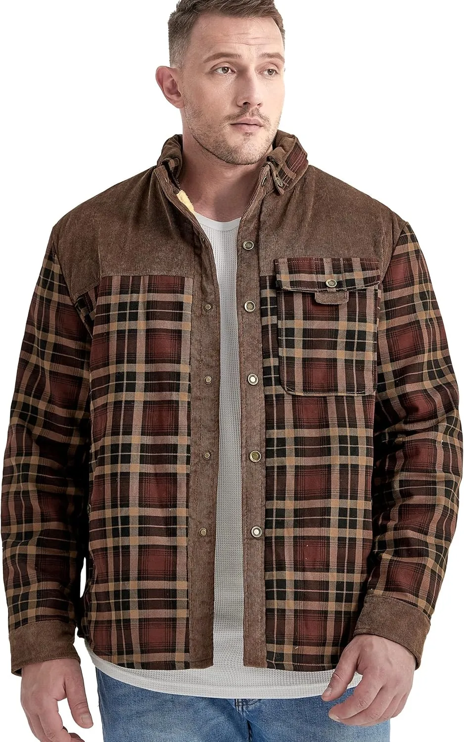 Flygo Men's Flannel Jacket Loose Plaid Sherpa Lined Flannel Shirt Snap Button Warm Winter Jackets Pockets