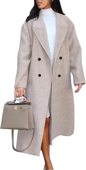 Flygo Womens Long Pea Coat Double Breasted Notch Lapel Trench Coat Office Work Peacoat Jacket Dress Coat(Oatmeal-M)