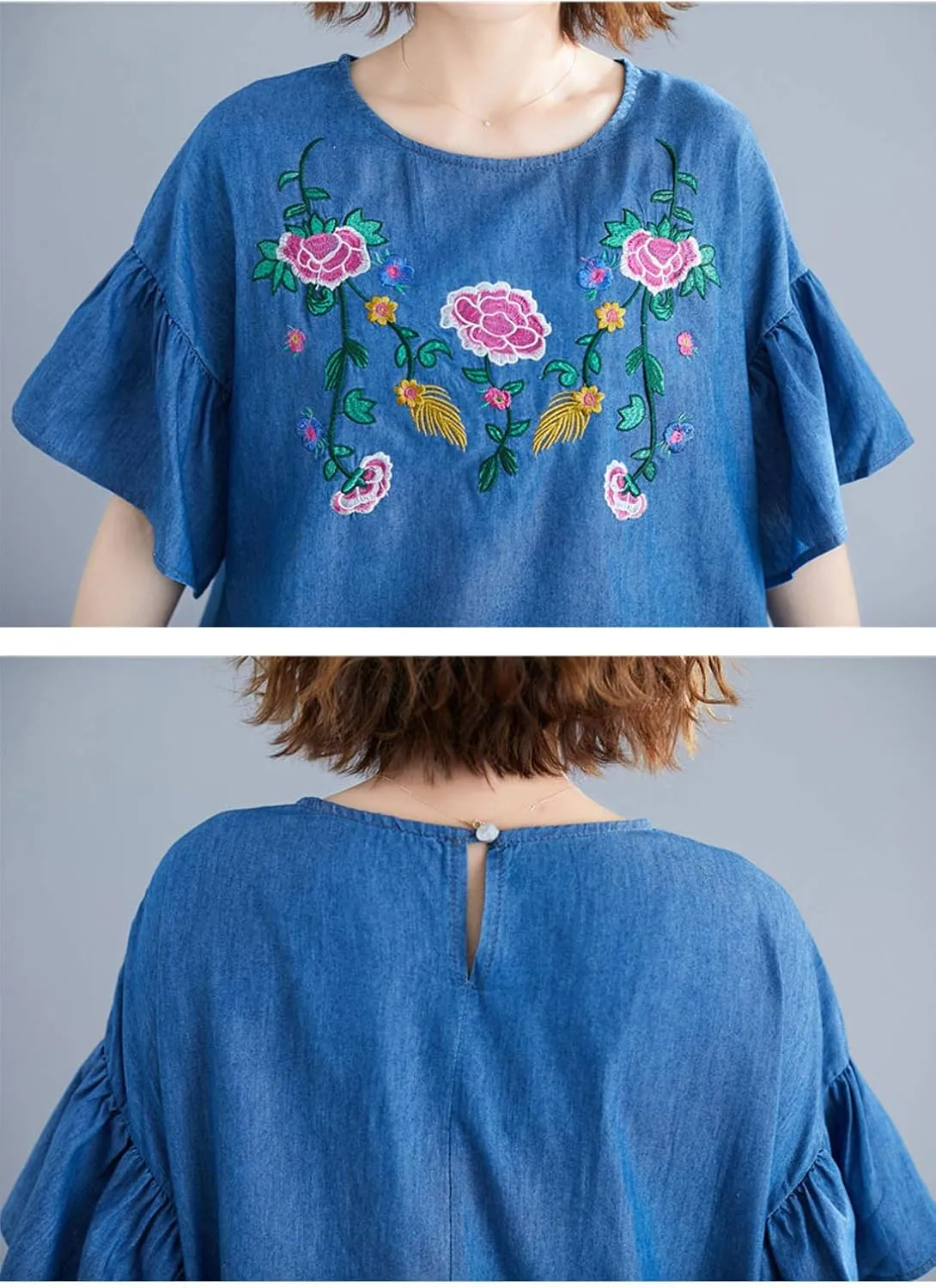 Flygo Womens Loose Baggy Crew Neck Ruffle Sleeve Embroidered Denim Jean Mini Dress