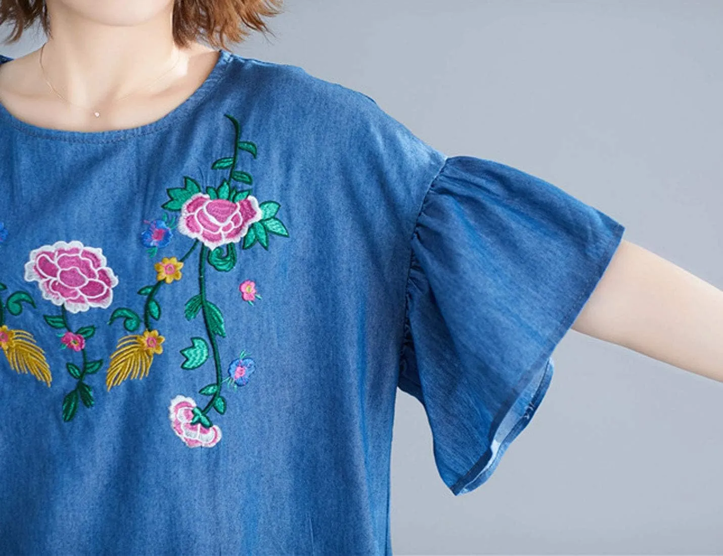Flygo Womens Loose Baggy Crew Neck Ruffle Sleeve Embroidered Denim Jean Mini Dress