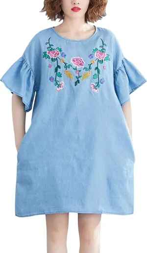 Flygo Womens Loose Baggy Crew Neck Ruffle Sleeve Embroidered Denim Jean Mini Dress