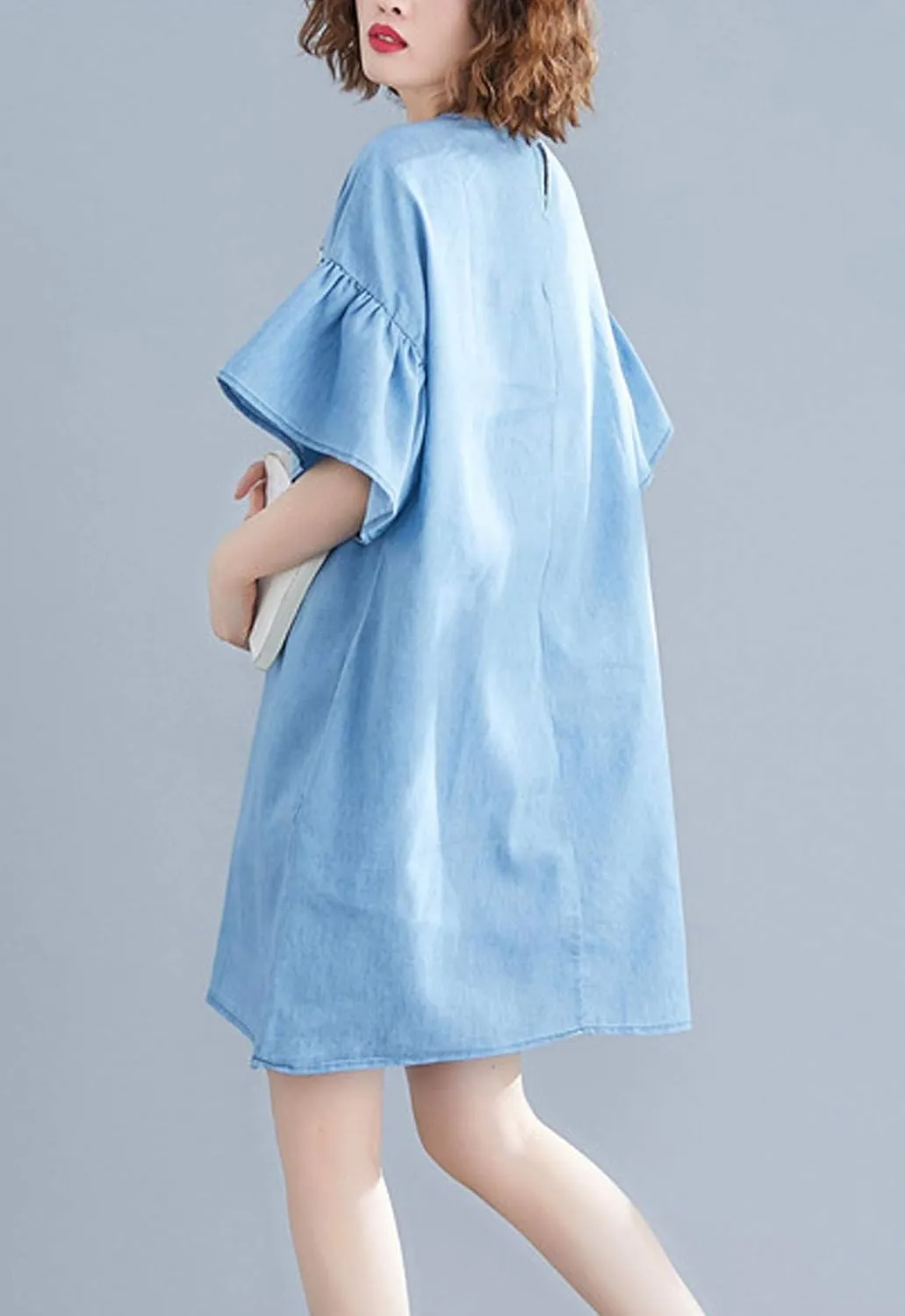 Flygo Womens Loose Baggy Crew Neck Ruffle Sleeve Embroidered Denim Jean Mini Dress
