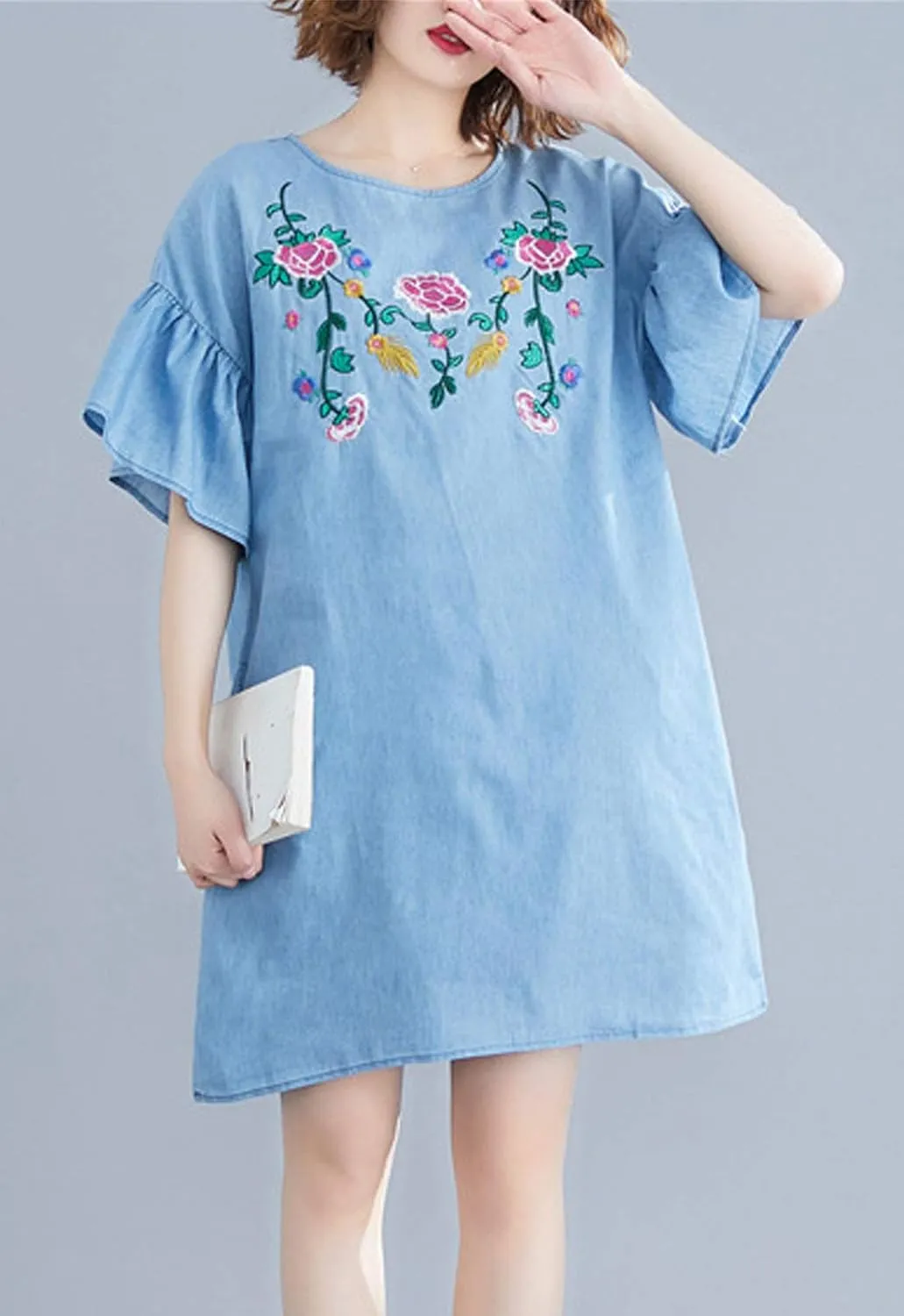 Flygo Womens Loose Baggy Crew Neck Ruffle Sleeve Embroidered Denim Jean Mini Dress